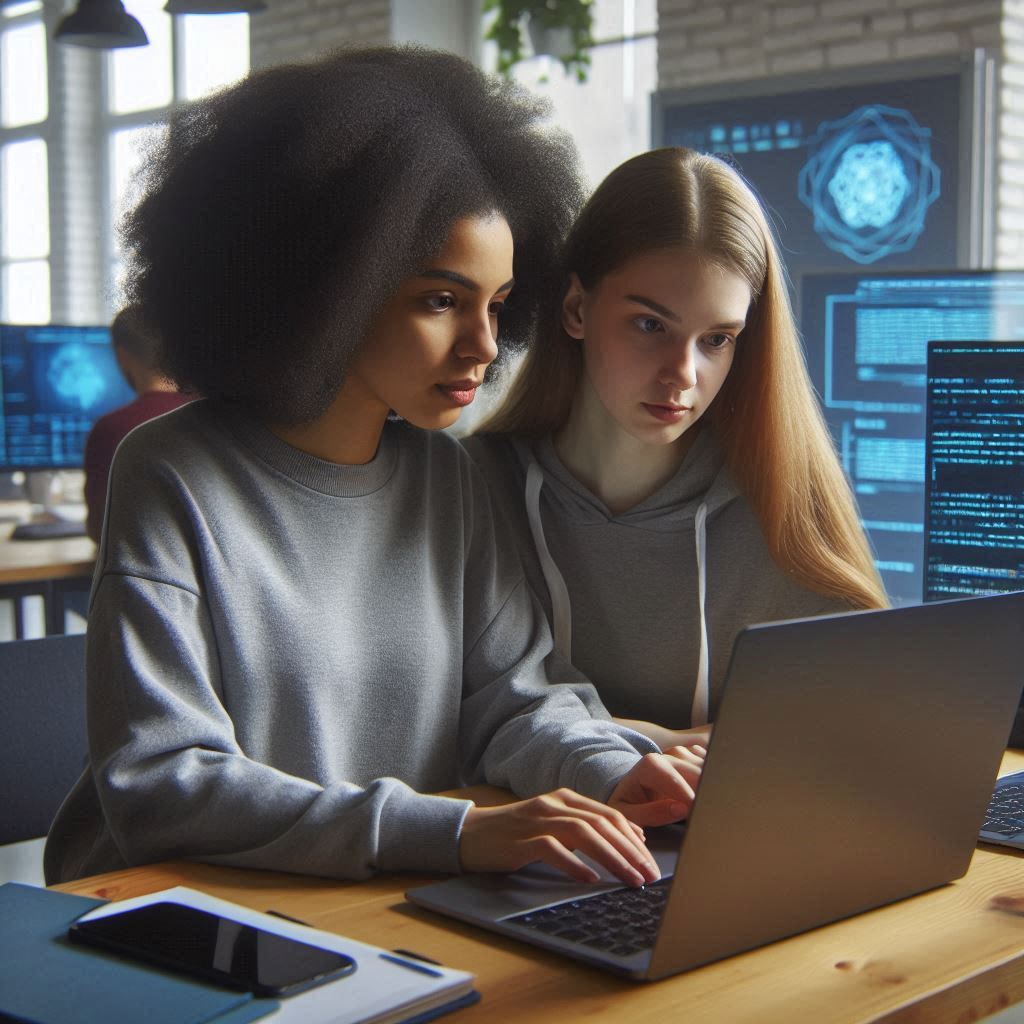 two women engaged in cybersecurity training