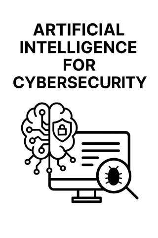Infographic showing artificial intelligence and machine learning applied to cybersecurity, with neural network brain, secure computer interface, and threat detection icons