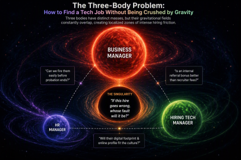 Infographic showing three body problem in hiring tech candidates