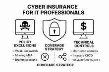 Infographic showing cyber insurance strategy for IT professionals, highlighting ACAT risk model, MFA, Zero Trust Architecture, CIS Top 20 Controls, and insurance application process